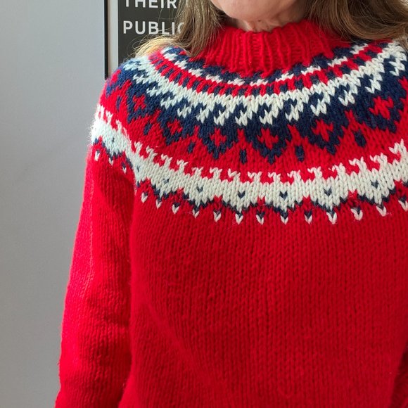 vintage red apres ski nordic sweater size medium handmade - Picture 3 of 5